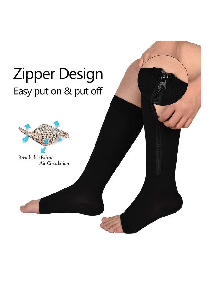 Zip Sock stretchy zipper leg Compression Socks for Women Men Open Toe Black 2Pair S/M - Image 2
