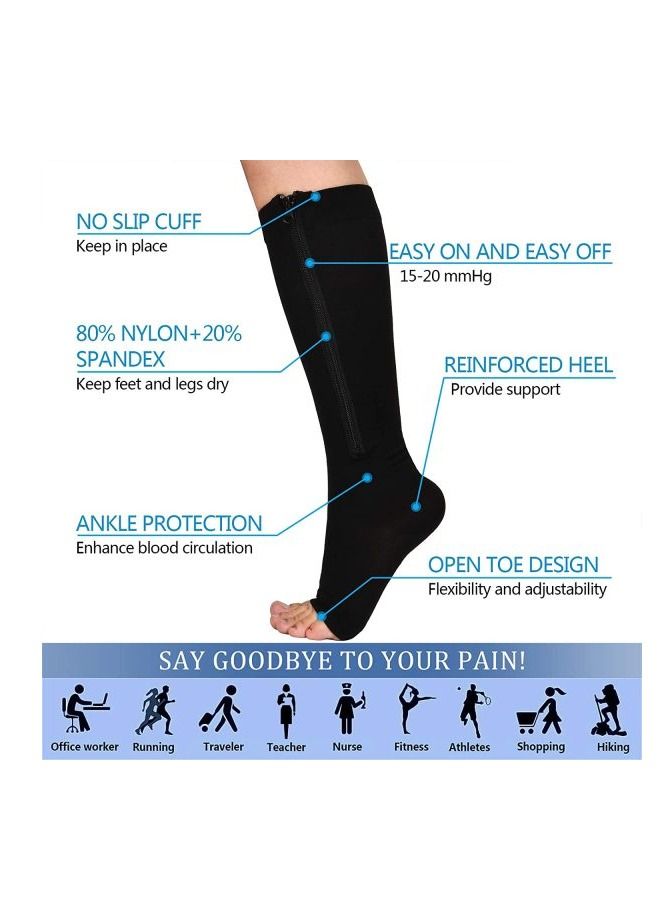 Zip Sock stretchy zipper leg Compression Socks for Women Men Open Toe Black 2Pair S/M - Image 3