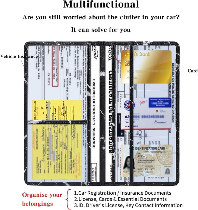 TILDOSAC Car Registration & Insurance Card Holder Leather Auto Glove Box Organizer Document Wallet with Magnetic Shut (Marble Balck, large) Foldable - Image 2