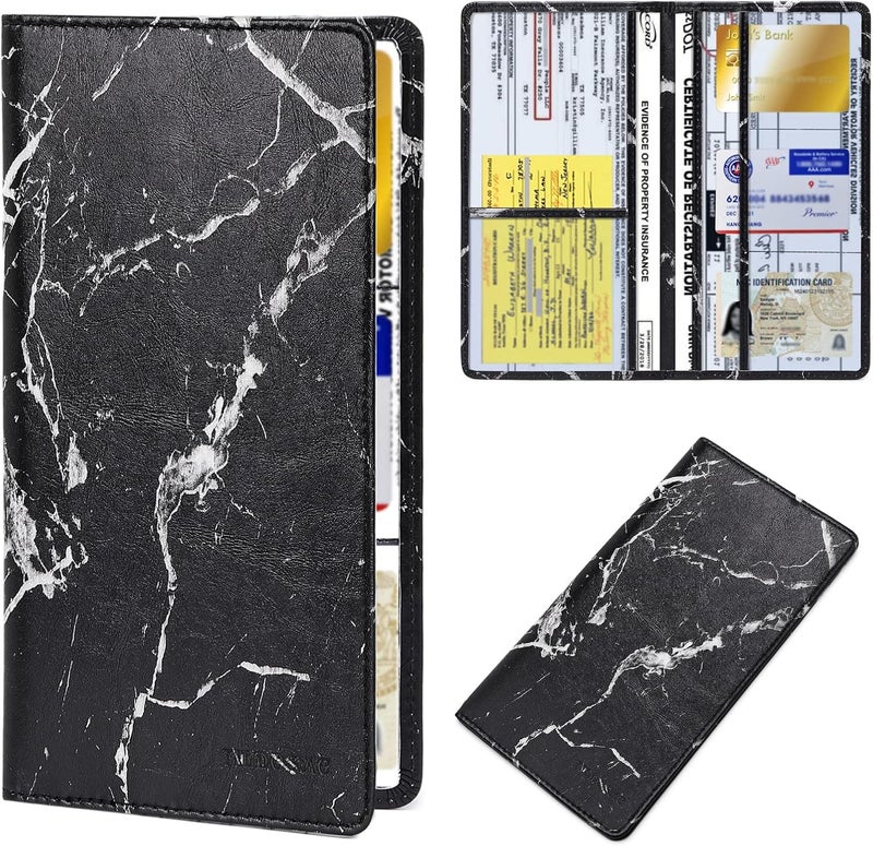 TILDOSAC Car Registration & Insurance Card Holder Leather Auto Glove Box Organizer Document Wallet with Magnetic Shut (Marble Balck, large) Foldable - Image 1