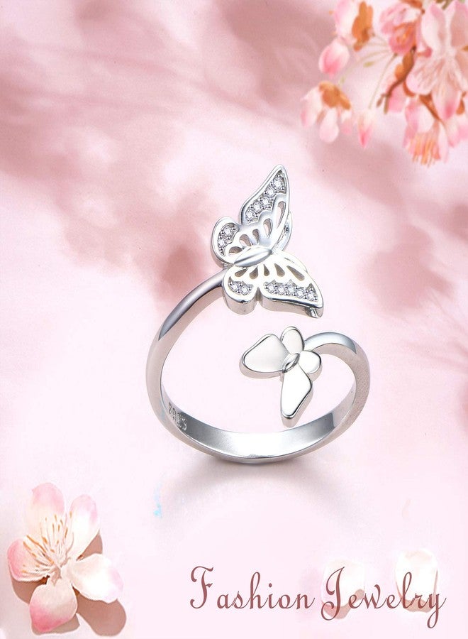FLYOW Butterfly Ring 925 Sterling Silver Double Butterfly Wrap Around Ring with White CZ Adjustable Thumb Open Rings for Women Jewelry Gifts - Image 3