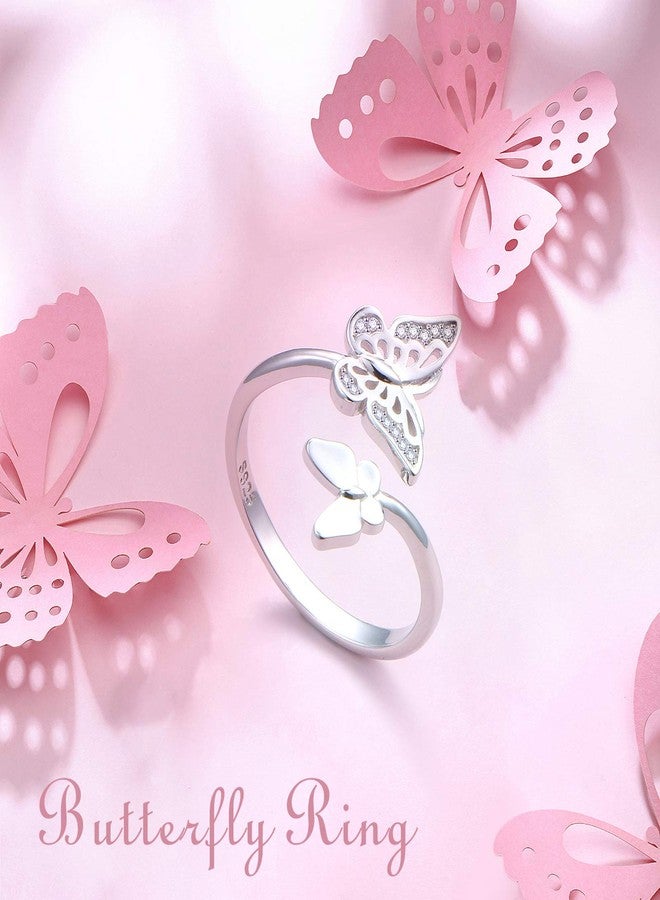 FLYOW Butterfly Ring 925 Sterling Silver Double Butterfly Wrap Around Ring with White CZ Adjustable Thumb Open Rings for Women Jewelry Gifts - Image 2