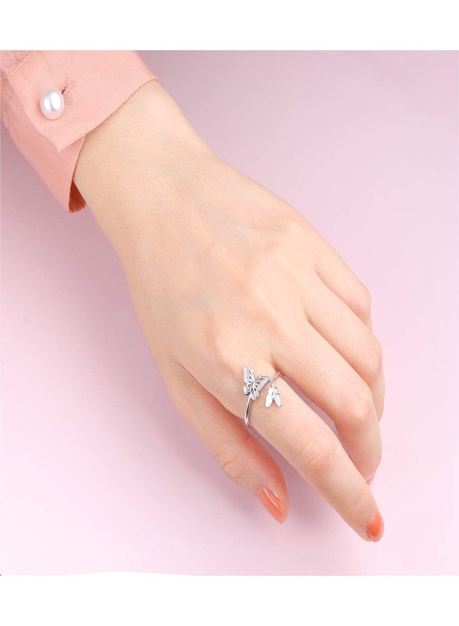 FLYOW Butterfly Ring 925 Sterling Silver Double Butterfly Wrap Around Ring with White CZ Adjustable Thumb Open Rings for Women Jewelry Gifts - Image 4