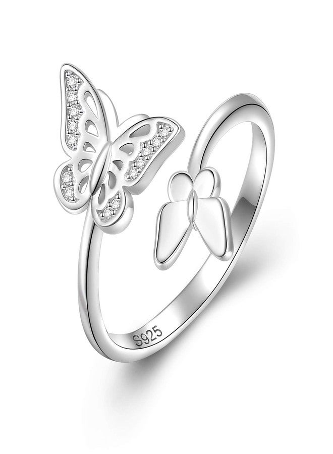 FLYOW Butterfly Ring 925 Sterling Silver Double Butterfly Wrap Around Ring with White CZ Adjustable Thumb Open Rings for Women Jewelry Gifts - Image 1