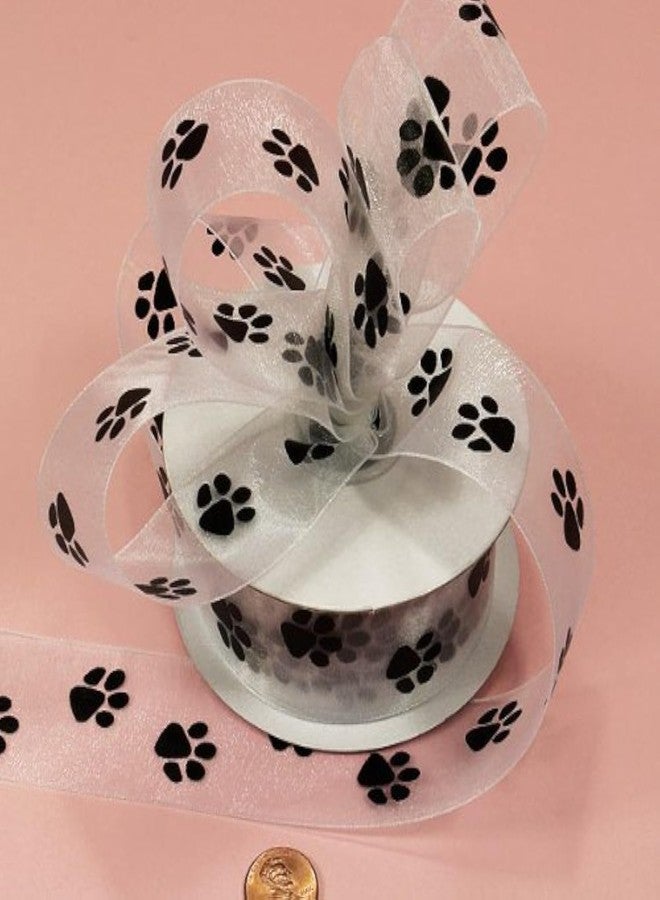 Paper Mart White Sheer Paw Prints Ribbon, 1-1/2" X 25Yd - Image 1