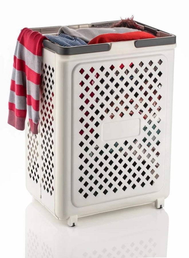 RUDOLF Foldable Plastic Laundry Basket with Wheels & Handles – 49L, Lightweight, Durable, for Clothes & Toys – 49x36x28 cm – White (2) - Image 2