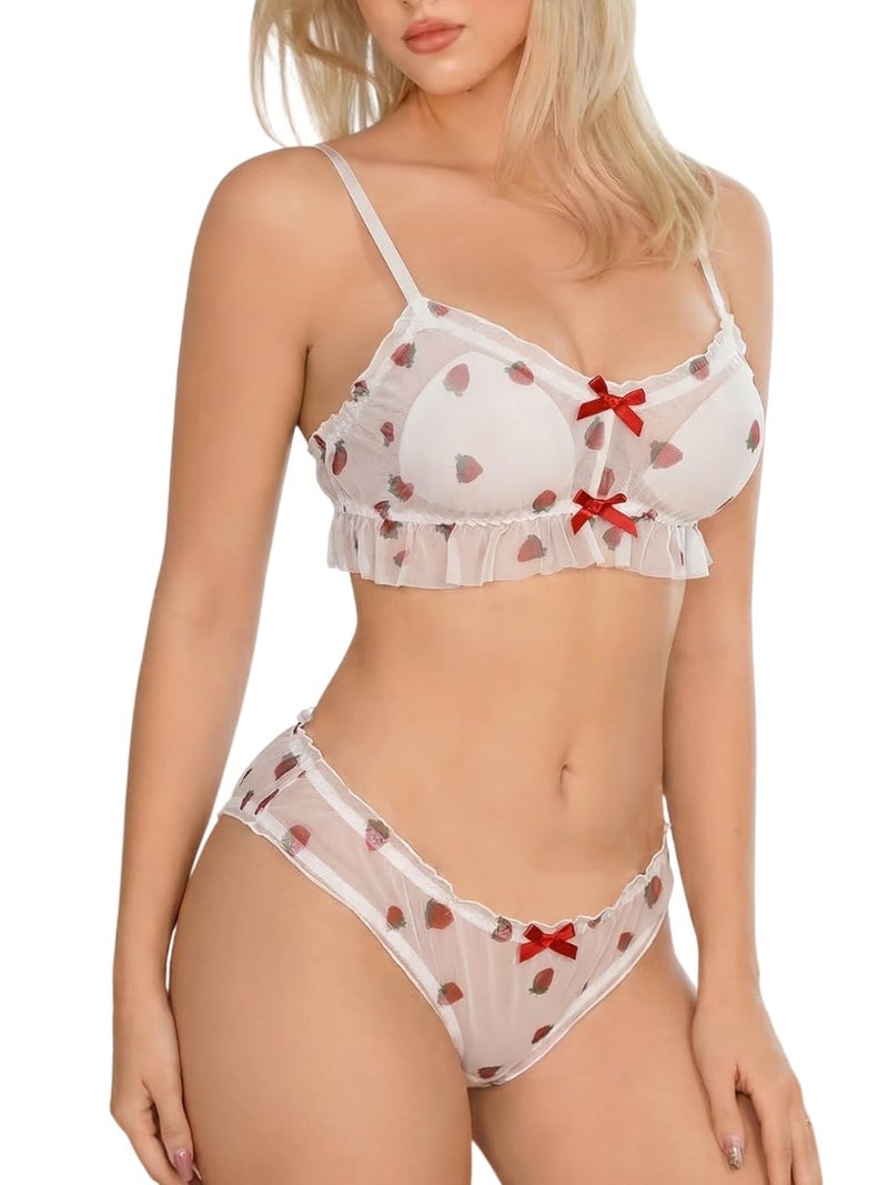 RioDebella Women’s Sheer Babydoll Lingerie Set with Strawberry Print | Soft Mesh Bralette & Brief Set for Honeymoon & Special Nights - Image 1