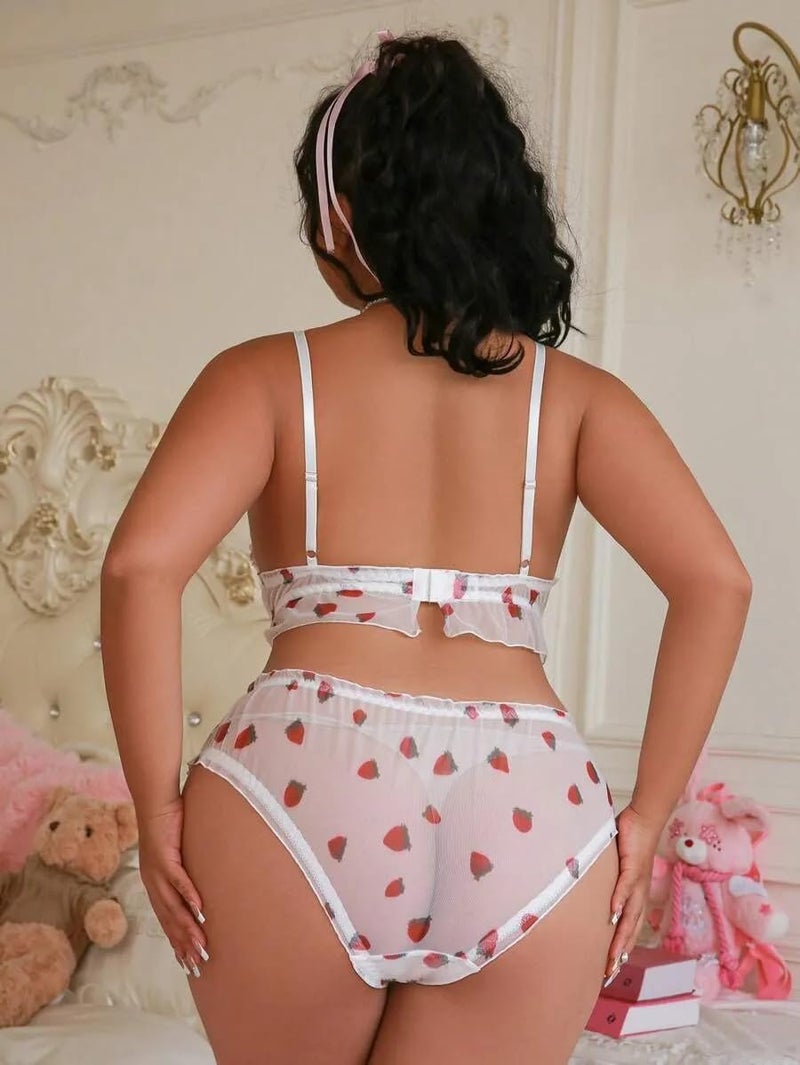 RioDebella Women’s Sheer Babydoll Lingerie Set with Strawberry Print | Soft Mesh Bralette & Brief Set for Honeymoon & Special Nights - Image 2