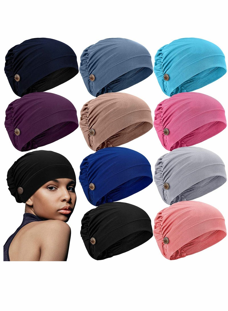 KASTWAVE 10 Pieces Soft Bouffant Caps with Buttons Gourd Shape Caps Stretch Bouffant Hats Unisex Stretchy Headband Turban with Ear Loop Holder Buttons - Image 1