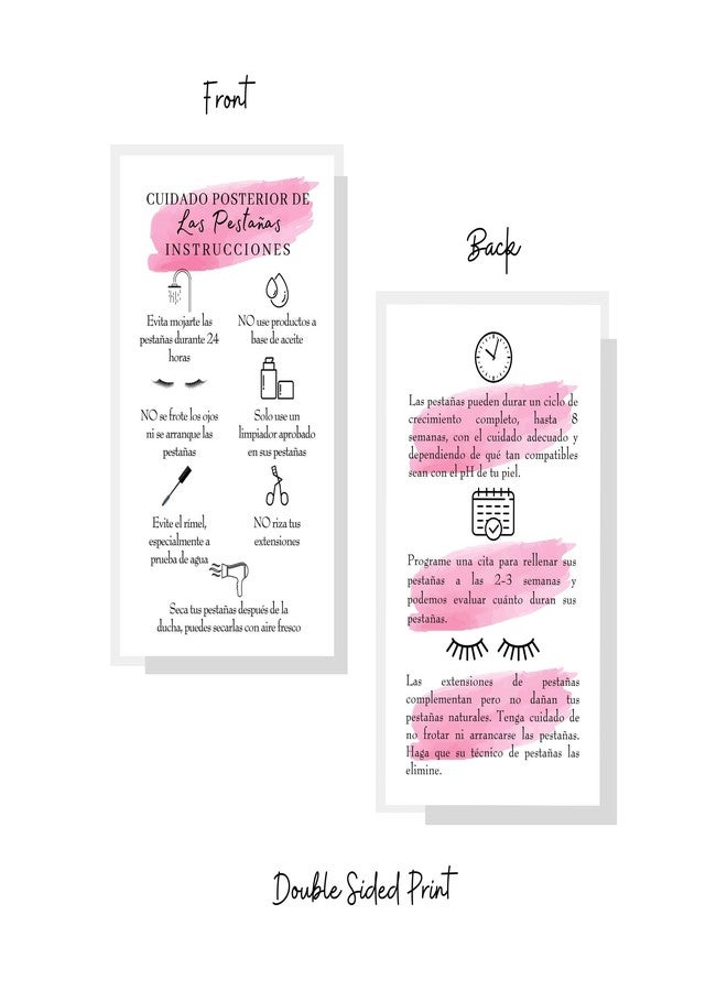 Lashicorn Spanish Lash Aftercare Instructions | 50pk | Cuidado Posterior de la Extensión de Pestañas | 2 x 3.5” inch Card | Eyelash Extension Supplies beautiful pink watercolor, 2-3 week refills fillers - Image 3