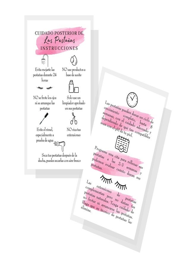 Lashicorn Spanish Lash Aftercare Instructions | 50pk | Cuidado Posterior de la Extensión de Pestañas | 2 x 3.5” inch Card | Eyelash Extension Supplies beautiful pink watercolor, 2-3 week refills fillers - Image 1