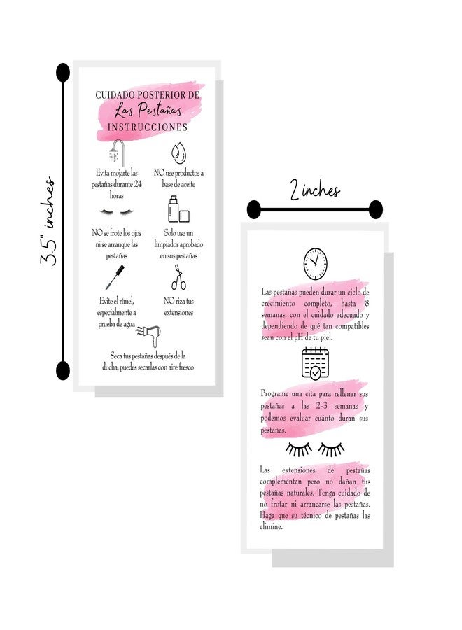 Lashicorn Spanish Lash Aftercare Instructions | 50pk | Cuidado Posterior de la Extensión de Pestañas | 2 x 3.5” inch Card | Eyelash Extension Supplies beautiful pink watercolor, 2-3 week refills fillers - Image 2
