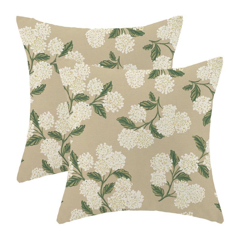 AEIOAE Spring Pillow Covers 18x18 Inch Set of 2, Beige Green Hydrangea Flower Throw Pillows Case,Floral Summer Outdoor Seasonal Decorative Farmhouse Decor Cushion Covers for Home Sofa Bed Couch - Image 1