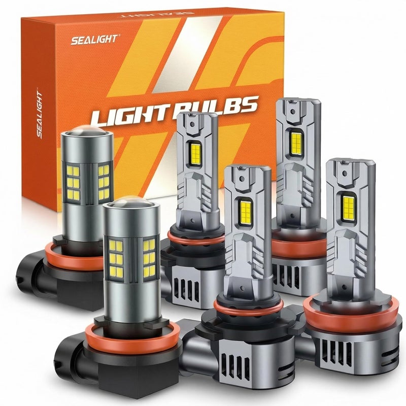 SEALIGHT 9005HB3 H8H9H11 Light Bulb Combo and H11 Fog Lights 100000LM UltraBright 6500K 9005 H11 Bulbs with Cooling Fan 360 Illumination True Plug N Play Nonpolarity Pack of 6 - Image 2