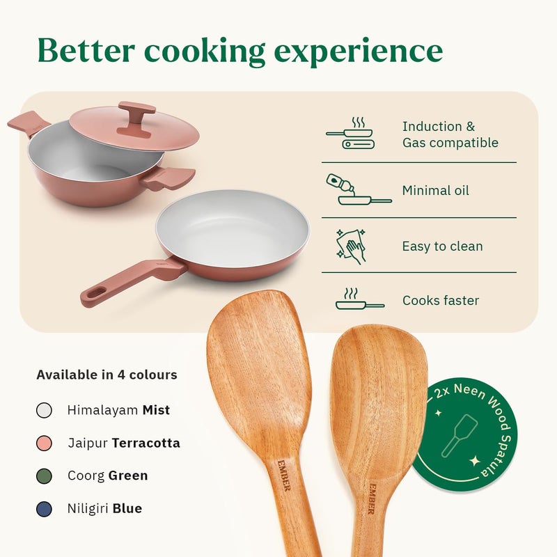 Ember Cookware Ember Non-Stick Ceramic Cookware Set 5 Piece | ISI Certified | Includes Frying Pan, Kadai with Lid, 2 Wooden Spoons & Gentle Cleaning Eraser | Induction Compatible | PFAS & PTFE Free - Terracotta - Image 3