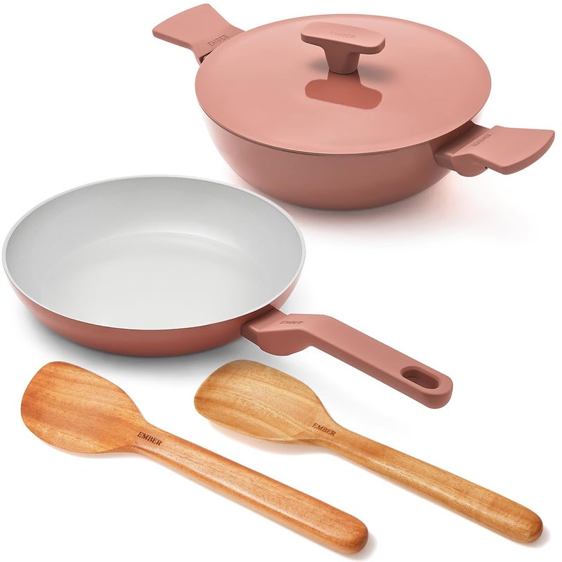 Ember Cookware Ember Non-Stick Ceramic Cookware Set 5 Piece | ISI Certified | Includes Frying Pan, Kadai with Lid, 2 Wooden Spoons & Gentle Cleaning Eraser | Induction Compatible | PFAS & PTFE Free - Terracotta - Image 1