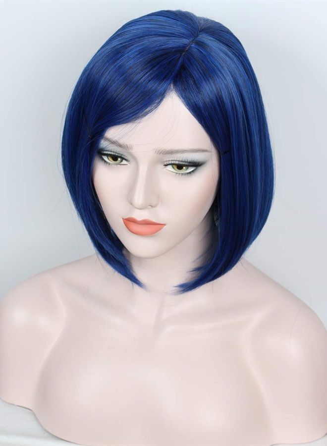 Linfairy باروكة زرقاء قصيرة للنساء مع غرة لزي الهالوين وباروكة كوسبلاي - Image 1
