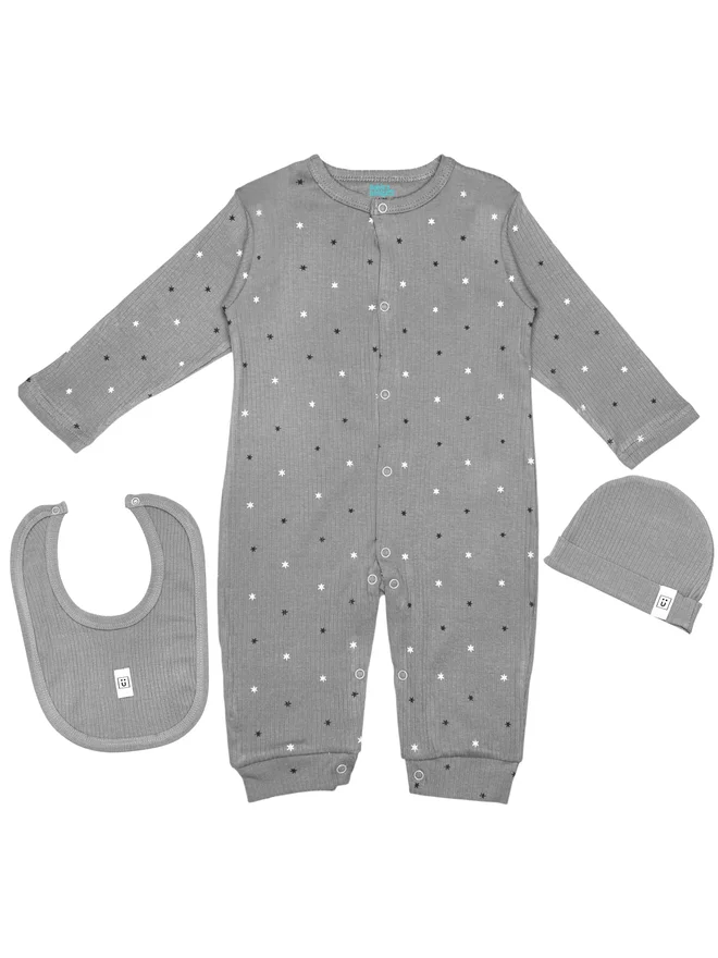 بابيز_بيسك Babies Basic Premium Ribbed Cotton Sleepsuit Romper with Cap and Bib
