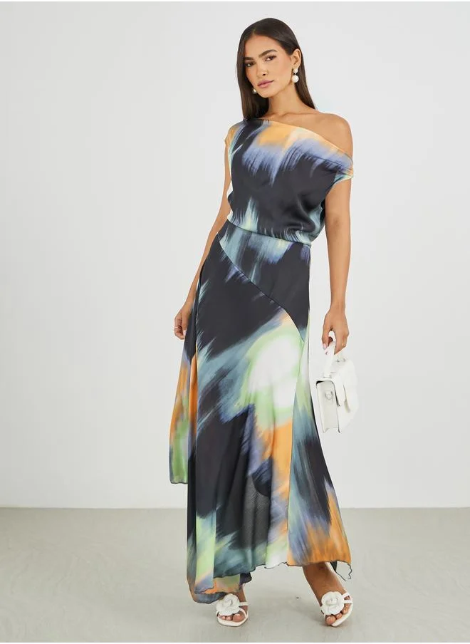 ستايلي Styli Abstract Print Draped Asymmetric A-Line Maxi Dress