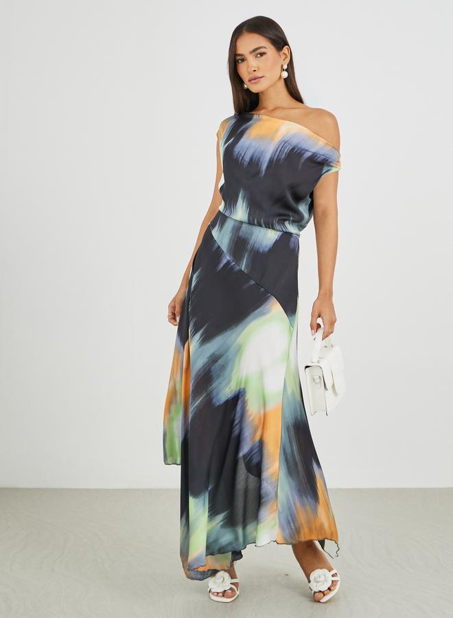 Styli Abstract Print Draped Asymmetric A-Line Maxi Dress - Image 1