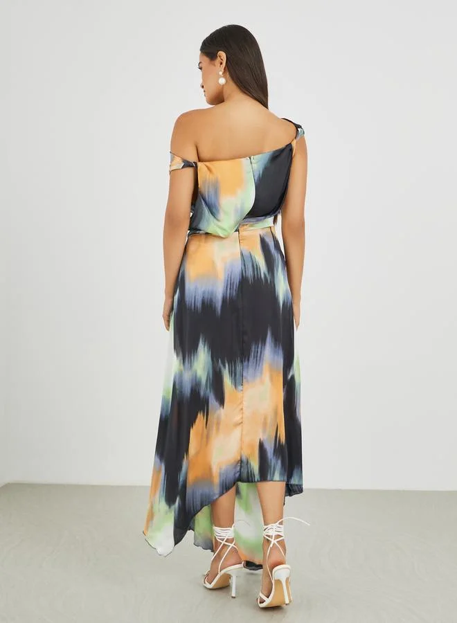 Styli Styli Abstract Print Draped Asymmetric A-Line Maxi Dress
