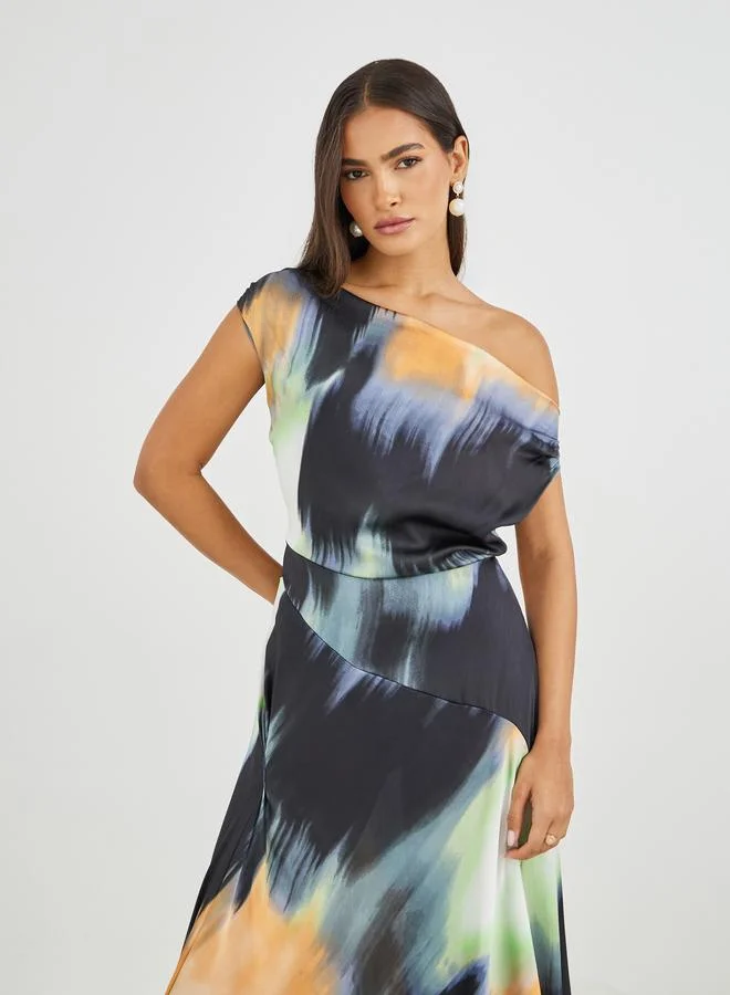 Styli Styli Abstract Print Draped Asymmetric A-Line Maxi Dress