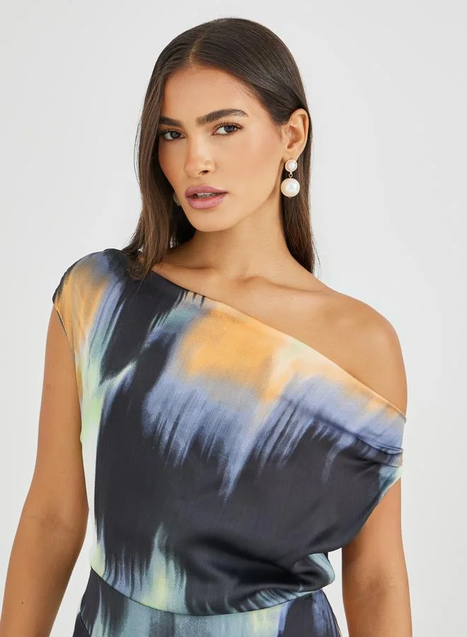 Styli Styli Abstract Print Draped Asymmetric A-Line Maxi Dress