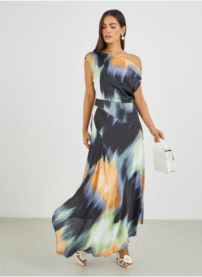 ستايلي Styli Abstract Print Draped Asymmetric A-Line Maxi Dress