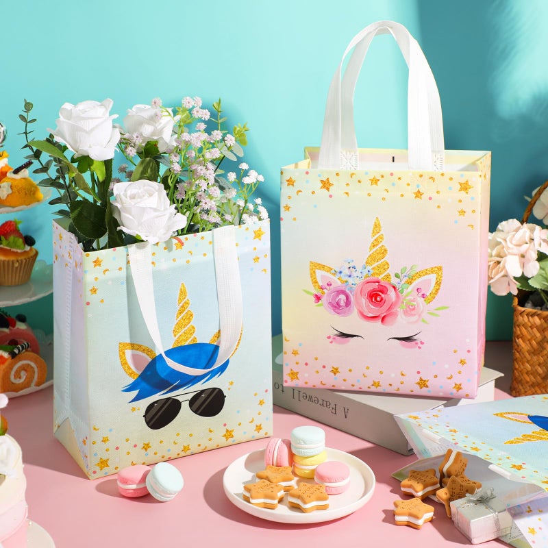 Locmeo 24 Pcs Unicorn Party Favor Bags with Handles - Reusable Non Woven Goodie Bags in Pink & Blue - Candy Treat Gift Bags for Girl & Boy Birthday Parties, 8 x 4 x 10 Inch - Image 3