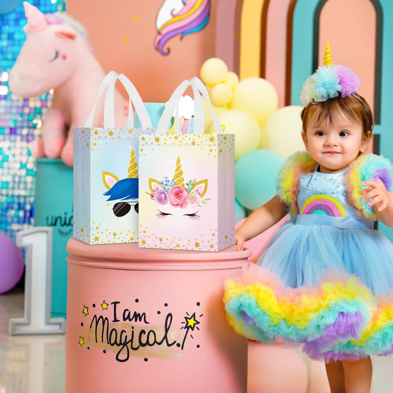 Locmeo 24 Pcs Unicorn Party Favor Bags with Handles - Reusable Non Woven Goodie Bags in Pink & Blue - Candy Treat Gift Bags for Girl & Boy Birthday Parties, 8 x 4 x 10 Inch - Image 5