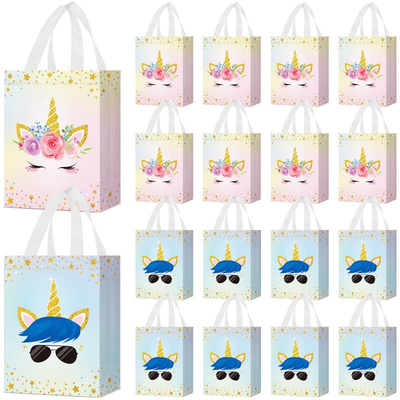 Locmeo 24 Pcs Unicorn Party Favor Bags with Handles - Reusable Non Woven Goodie Bags in Pink & Blue - Candy Treat Gift Bags for Girl & Boy Birthday Parties, 8 x 4 x 10 Inch - Image 1