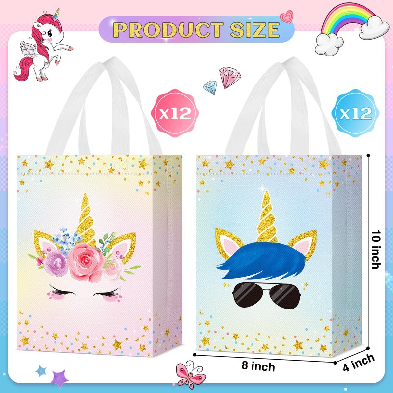 Locmeo 24 Pcs Unicorn Party Favor Bags with Handles - Reusable Non Woven Goodie Bags in Pink & Blue - Candy Treat Gift Bags for Girl & Boy Birthday Parties, 8 x 4 x 10 Inch - Image 2