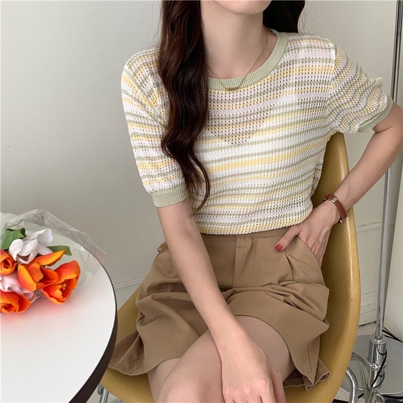 Style Thin Hollow-Out Age-Reducing Striped Short-Sleeved T-Shirt Women'S Elegant Casual Pullover Sweater - Image 1