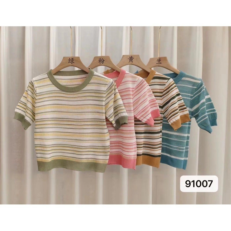 Style Thin Hollow-Out Age-Reducing Striped Short-Sleeved T-Shirt Women'S Elegant Casual Pullover Sweater - Image 5