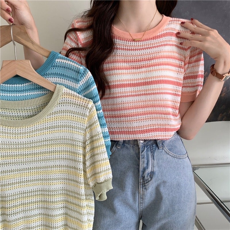 Style Thin Hollow-Out Age-Reducing Striped Short-Sleeved T-Shirt Women'S Elegant Casual Pullover Sweater - Image 2