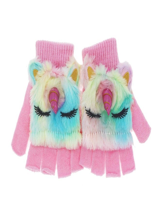 Newfancy Kids Unicorn Flip Top Gloves with Mitten Cover Knitted Winter Fingerless Convertible Mittens for Boy Girls Toddler, A Pair of Rainbow, One Size - Image 1