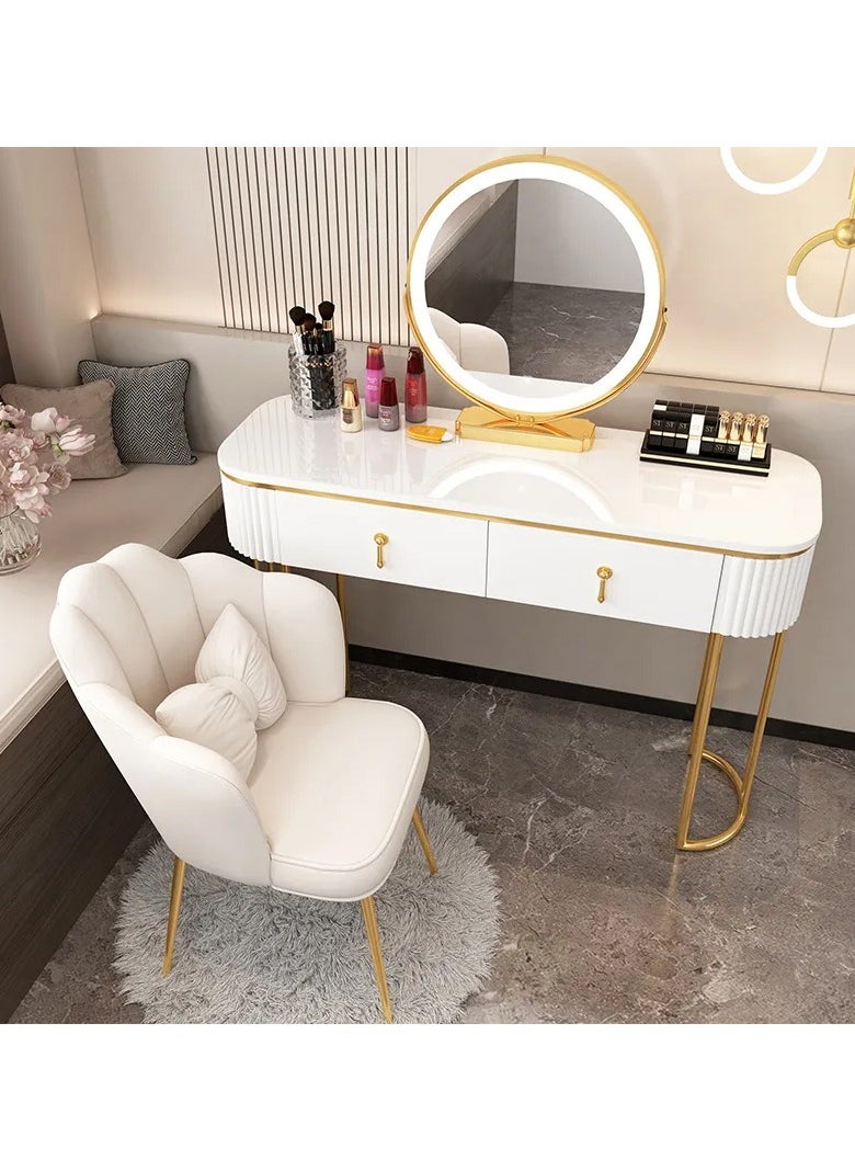DubaiGallery 2 Drawer Modern White Oval Glossy Makeup Vanity with 1 Drawers & Rotatable Mirror & Stool Engineered Wood Dressing Table  - Image 2