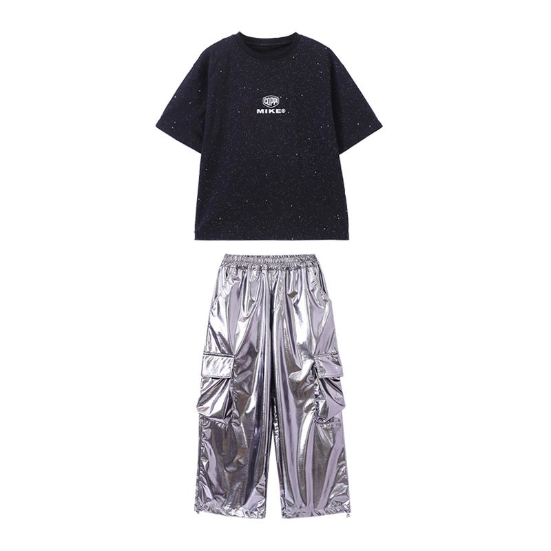Kids Hip Hop Dancewear Leather Jacket Set Silver Trousers Gipsophila Tee