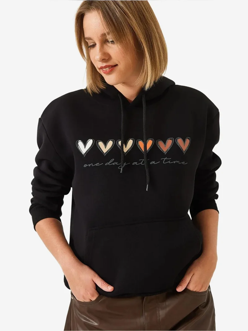 Bianco Lucci Black LUCCI Hooded Cotton Motto Hoodie with Pocket for Women | Best Price UAE
