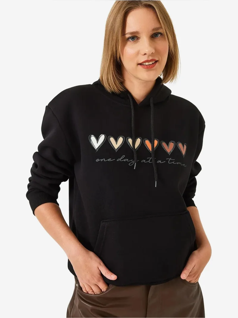 Bianco Lucci Black LUCCI Hooded Cotton Motto Hoodie with Pocket for Women | Best Price UAE