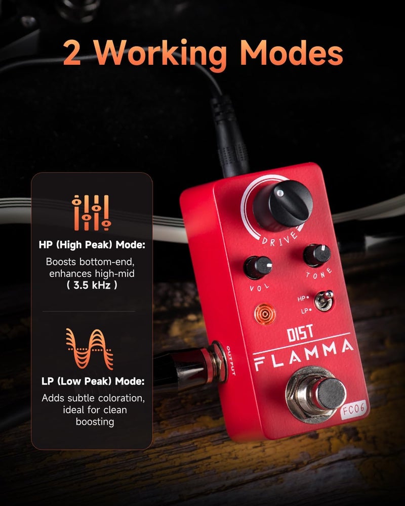 FLAMMA FC06 Distortion Guitar Pedal Electric Guitar Effects with 2 Modes: Boost & Drive (HP/LP), Mini Analog Guitar Pedal, True Bypass - Image 2