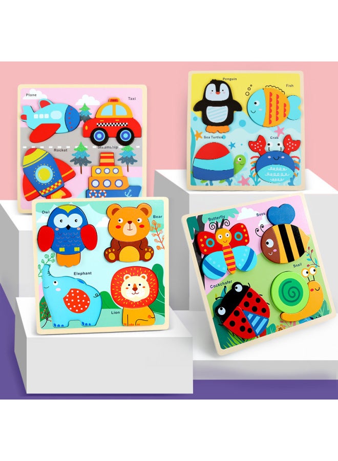 Wooden Fun Puzzle Puzzle Cartoon Large Particle 3d Early Education Children's Three-dimensional Wooden Animal Educational Toys-Color:Marine Animals + Insects 2 Pieces Suit - Image 3