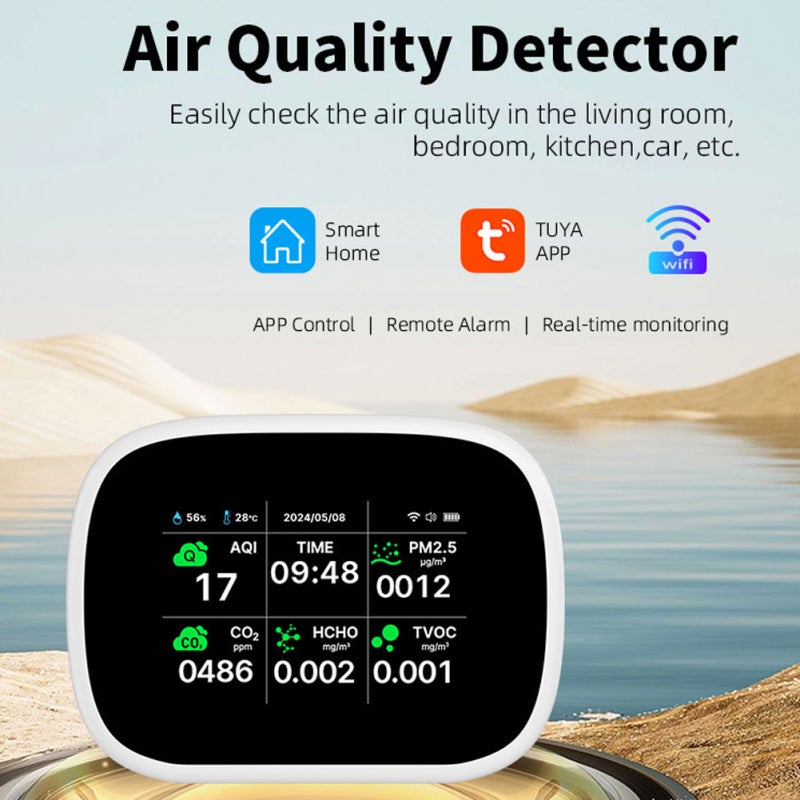 Tuya WiFi 10in1 Air Quality Detector Household Portable AQI PM2.5 PM1.0 PM10 CO2 TVOC HCHO Tester TFT Display Multifunctional Time Temperature and Humidity Test Meter - Image 4
