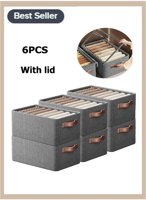 6 PCS Foldable Storage Box with Lid and Metal Frame Bedroom,Hard board Large Size Cube Boxes,Clothes Storage and Organization Box Bins Storage Containers with super-hard fabric and metal bracket for strong support for Bedroom, Closet and Blankets Organization 60L