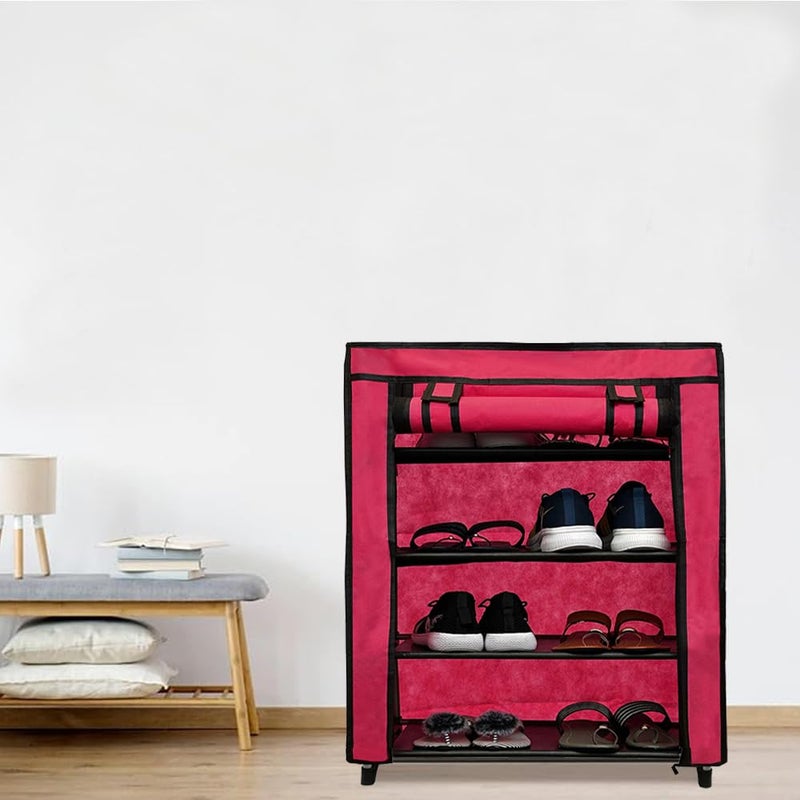 PHILOSHOP PHILOSHOP 4 Layer Multipurpose Baby WardrobeCabinetMultipurpose Storage Rack Foldable Collapsible Fabric Wardrobe Organizer for Clothes with NonWoven Fabric Cover Pink Metal - Image 2