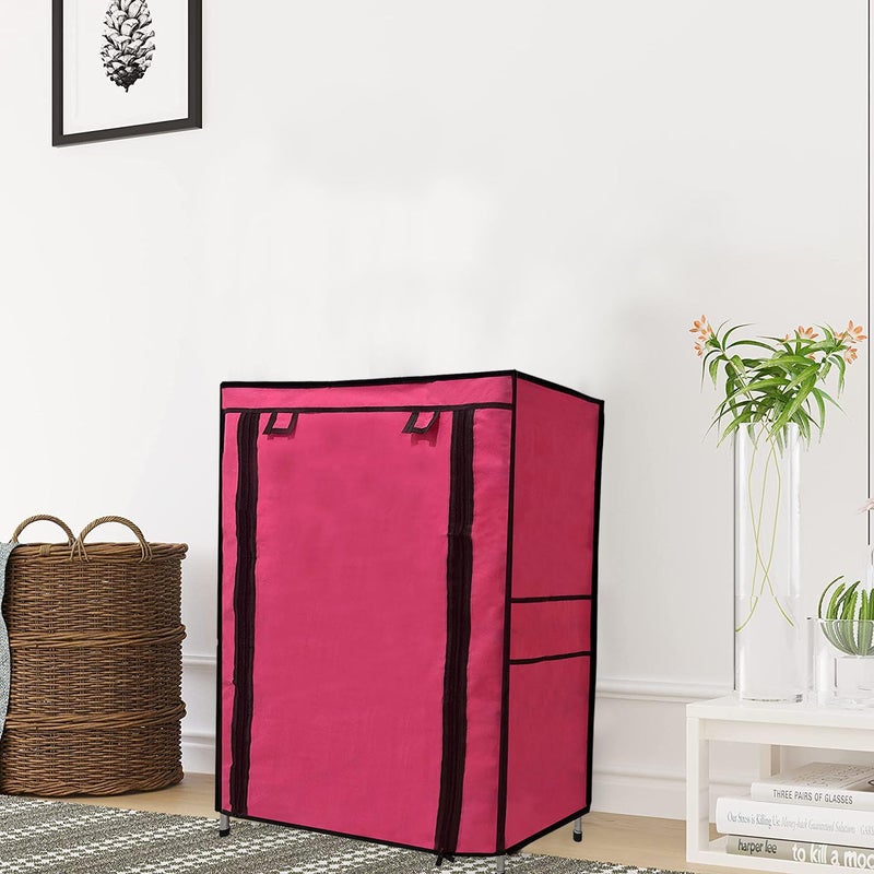 PHILOSHOP PHILOSHOP 4 Layer Multipurpose Baby WardrobeCabinetMultipurpose Storage Rack Foldable Collapsible Fabric Wardrobe Organizer for Clothes with NonWoven Fabric Cover Pink Metal - Image 1