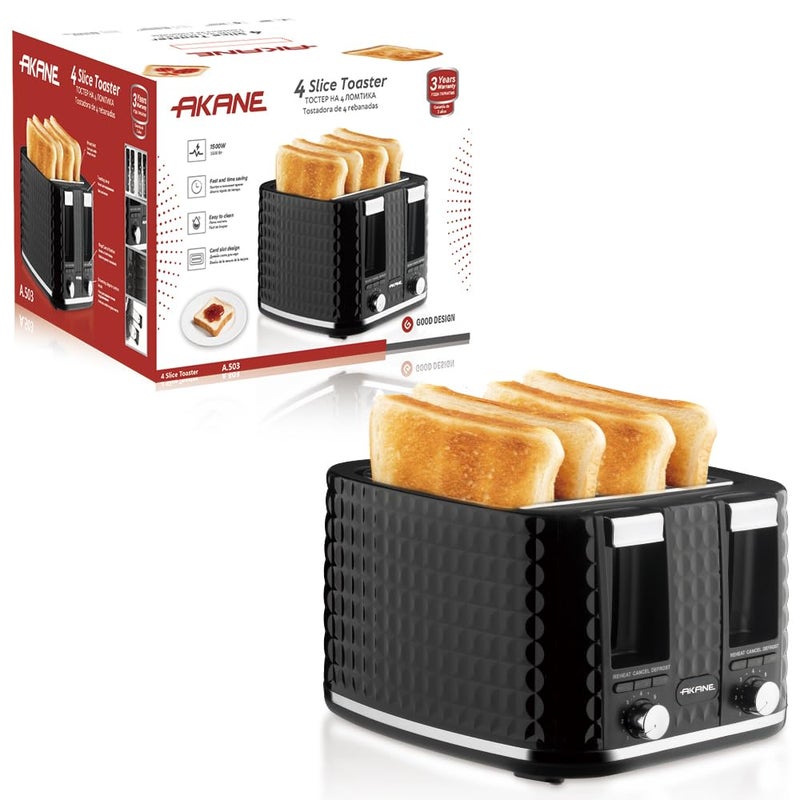 AKANE 1500W 4 Slice Toaster A.503, 4-Slice Bread Toaster with Fast Heating, Even Browning Control, Compact Tostadora for Breakfast Toast and Daily Kitchen Use