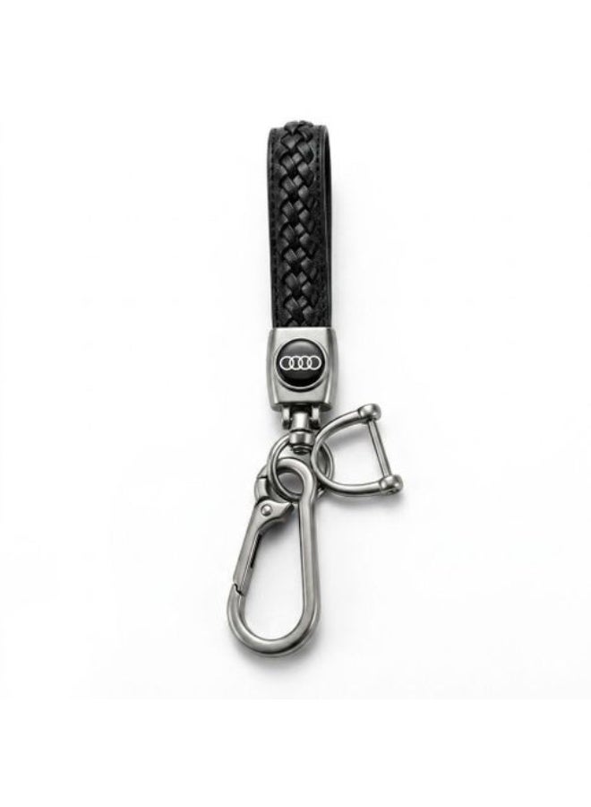 CGS | Braided Leather Car Keyring with Audi Logo | Luxury Metal Keyring | Premium Key Accessory | Black - Image 1