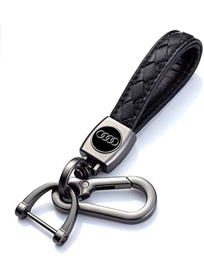 CGS | Braided Leather Car Keyring with Audi Logo | Luxury Metal Keyring | Premium Key Accessory | Black - Image 2