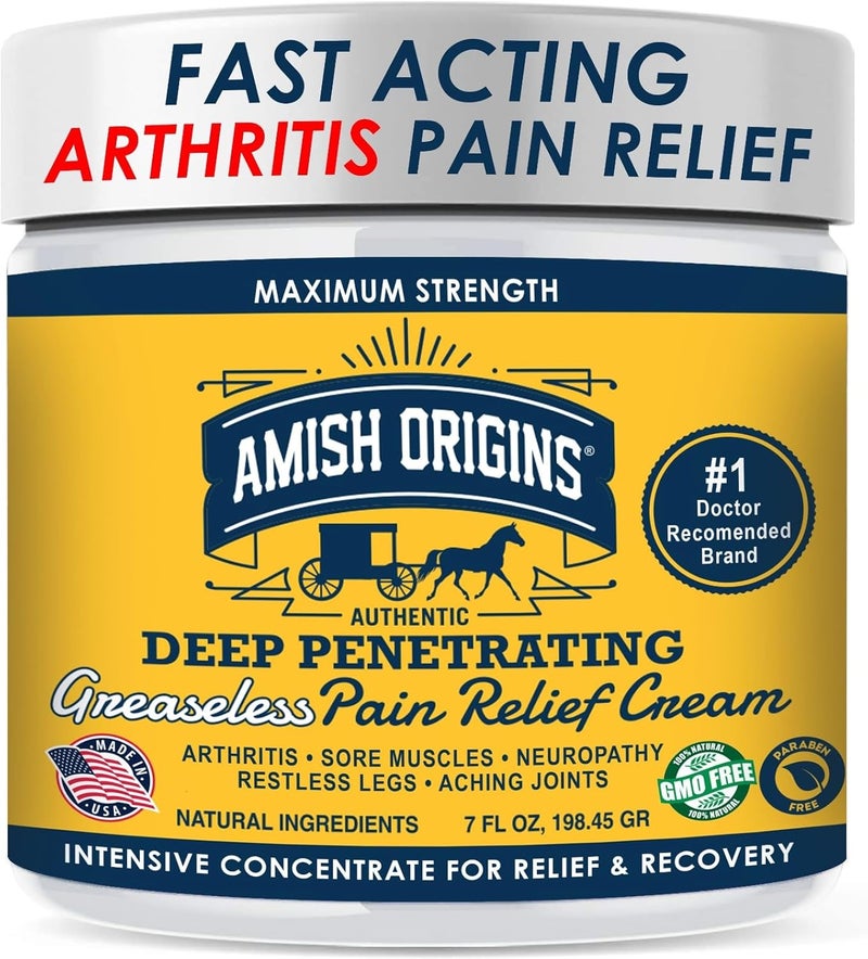 AMISH ORIGINS Amish Origins Arthritis Pain Relief Cream - 7 oz - Maximum Strength Deep Penetrating for Joint, Muscle, Knee, Back, Feet, Hand, Ankle, Aches, Neuropathy